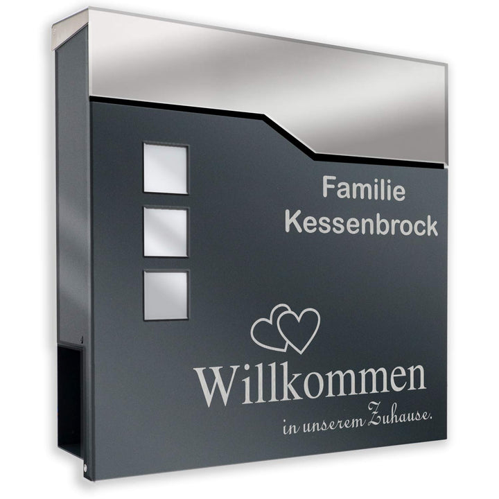 Briefkasten anthrazit RAL 7016 mit Beschriftung - individualisierbarer Design-Briefkasten aus pulver
