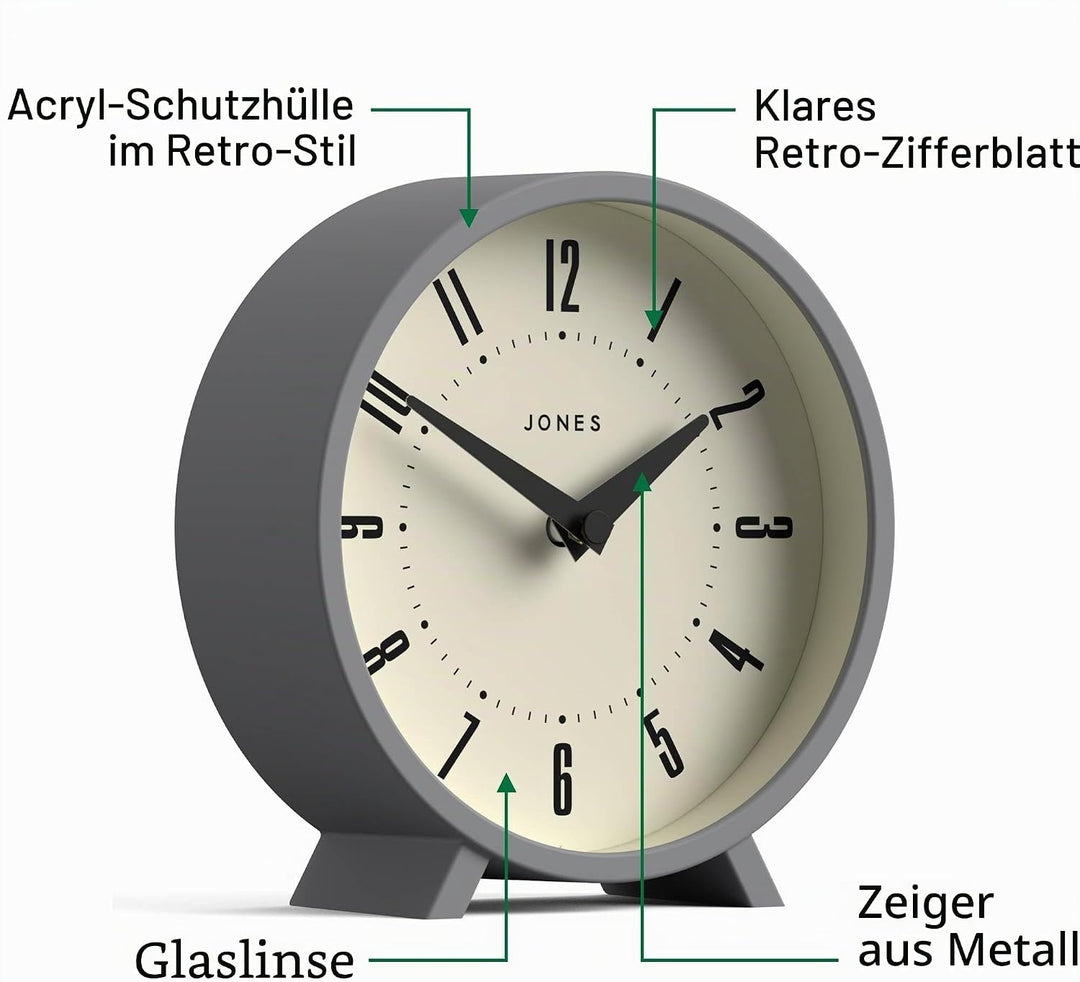 JONES CLOCKS® Venus schreibtischuhr | Modernes rundes Design | Grau | Stilvoller retrolook für Regal