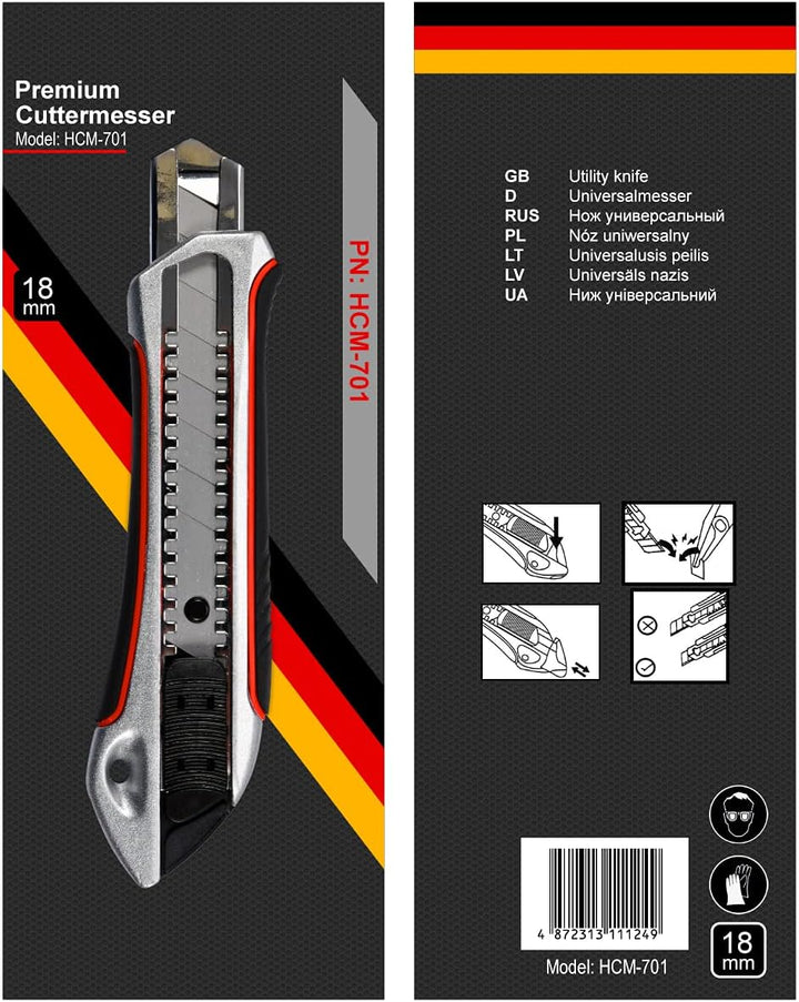 Pemium Cuttermesser 18 mm Teppichmesser 12 Stück Alu Druckguss gummierter Griff | Profi Cutter für 1