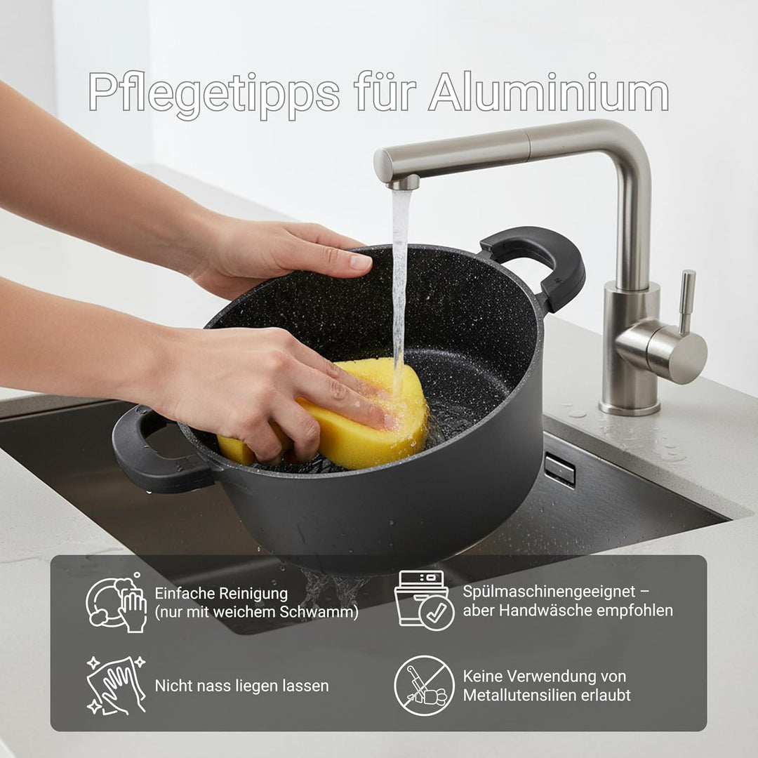 BIOL Aluminium Kochtopf mit Antihaftbeschichtung, Glasdeckel und abnehmbaren Silikon-Griffen, Indukt