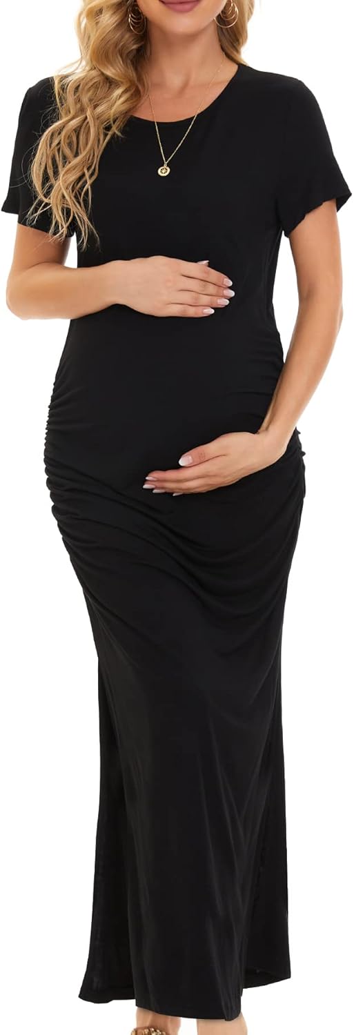 Smallshow Damen Lang Split Umstandskleid Sommer Kurzarm Umstandsmode XL Schwarz, XL Schwarz