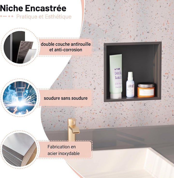 Wandmontierter Duschschrank Schwarz 30x30x10 cm Edelstahl-Duschablage mit unterputziger Basis, geeig