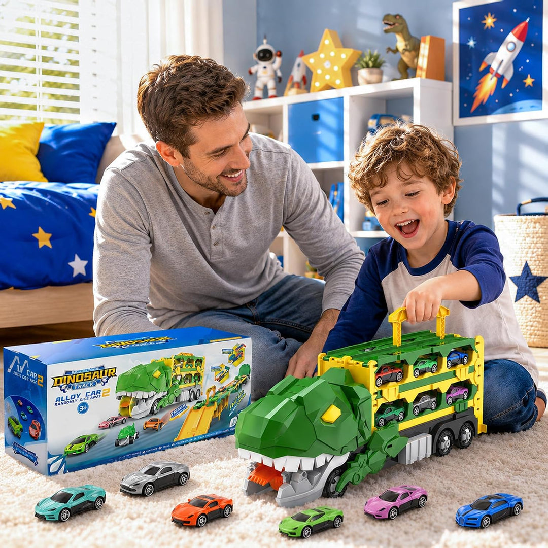 2-in-1 Dino Transporter Truck mit 12 Spielzeugautos 164.5 cm Rennstrecke | Ausklappbares Dinosaurier