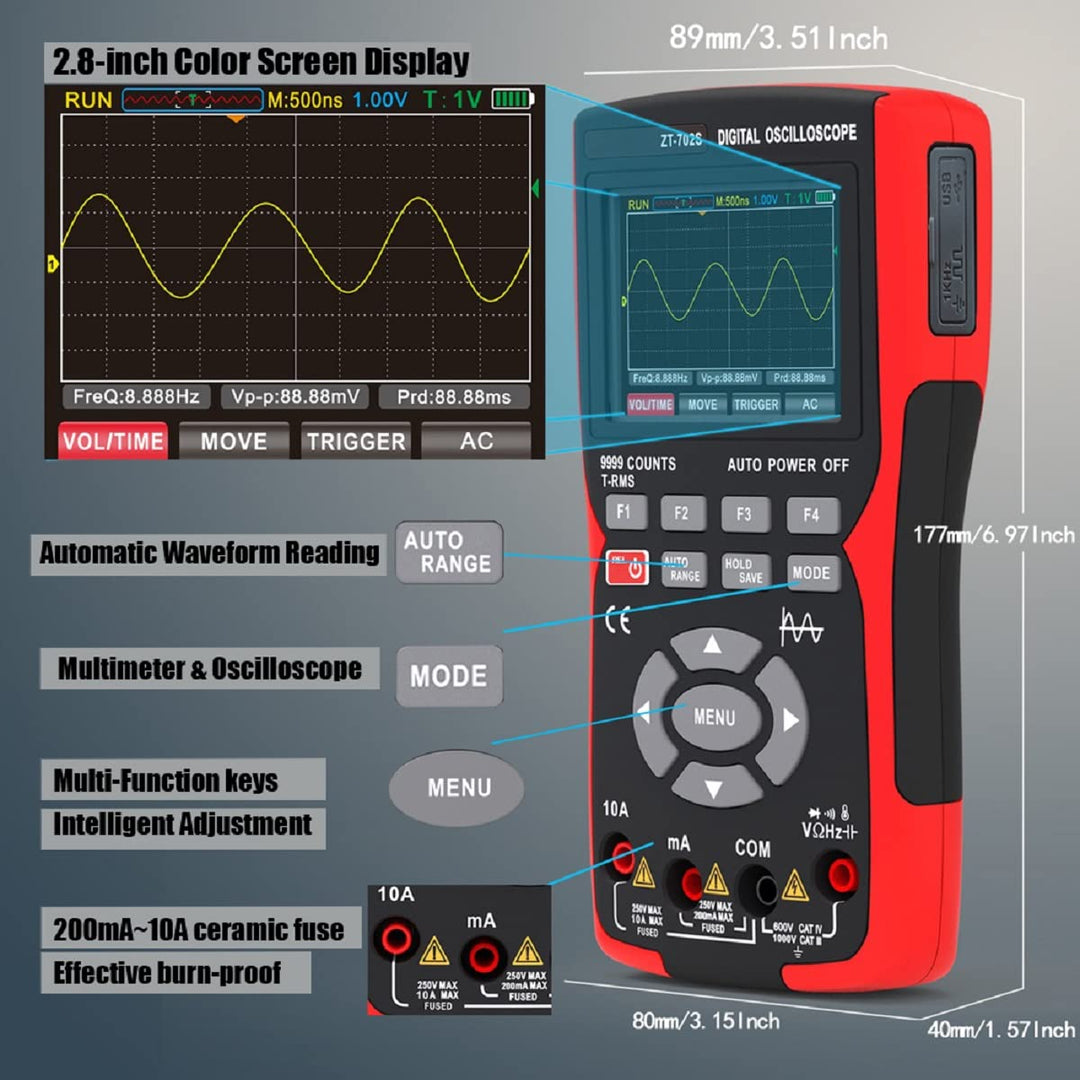 Handheld Oszilloskop, 9999 Counts Digital Multimeter, 3-in-1 Universal Tester, 10MHz Bandbreite 48MS