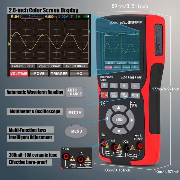 Handheld Oszilloskop, 9999 Counts Digital Multimeter, 3-in-1 Universal Tester, 10MHz Bandbreite 48MS