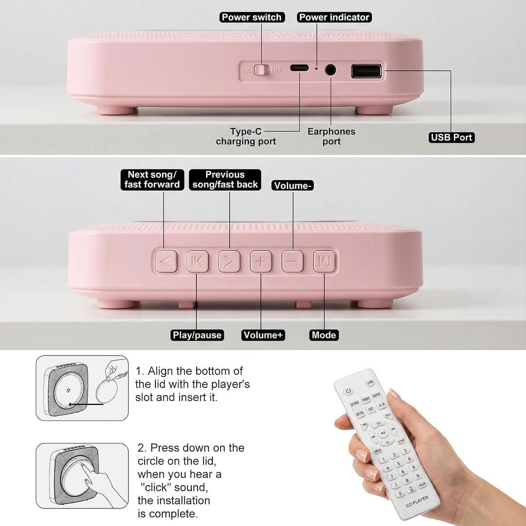 Gueray Desktop CD Player Bluetooth CD-Spieler mit Lautsprechern für Zuhause 1800mAh Tragbarer CD-Pla