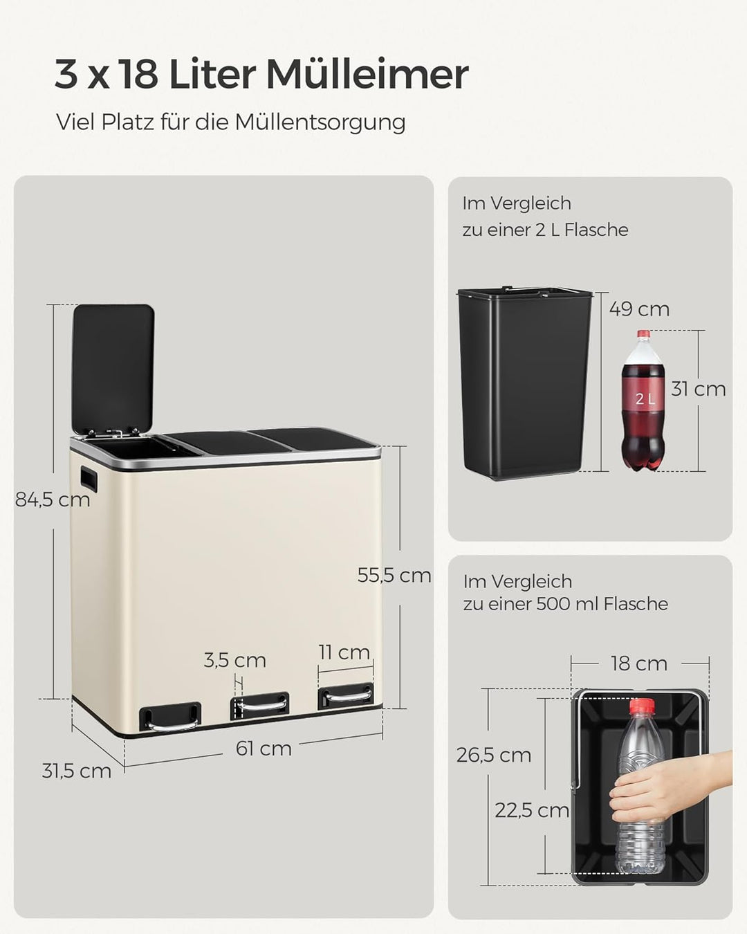 SONGMICS Mülleimer Küche, 3 x 18 L, Mülltrennsystem 3 Fächer, inklusive 15 Müllbeutel, Abfalleimer,