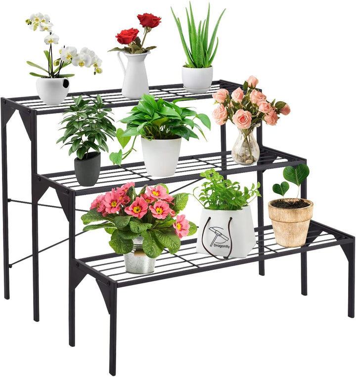 GOPLUS 3 Ebenen Metall Pflanzenständer, Blumentreppe Outdoor, Blumenregal Pflanzentreppe für Garten