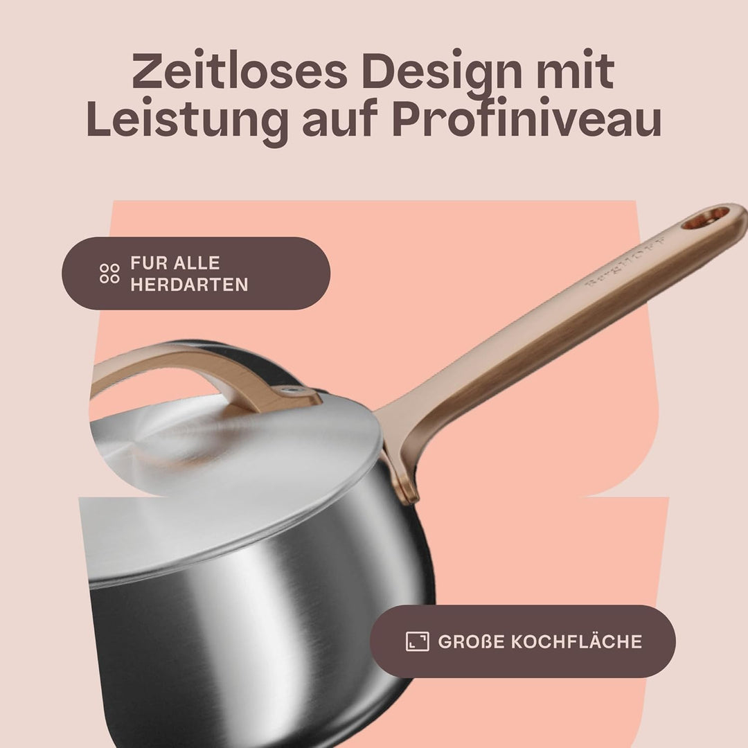 BergHOFF Home Kochtopf klein (16cm) – Stielkasserolle - Edelstahl Topf mit Deckel - Kochtopf für all
