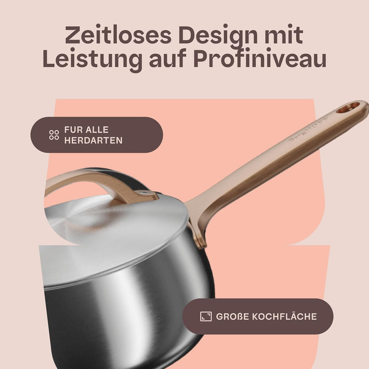 BergHOFF Home Kochtopf klein (16cm) – Stielkasserolle - Edelstahl Topf mit Deckel - Kochtopf für all