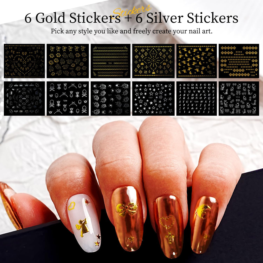JODSONE Nagelcharms, Nagel-Rhinestone-Set mit 6 Schachteln Rhinestones, 12 Nagelsticker in zwei Farb