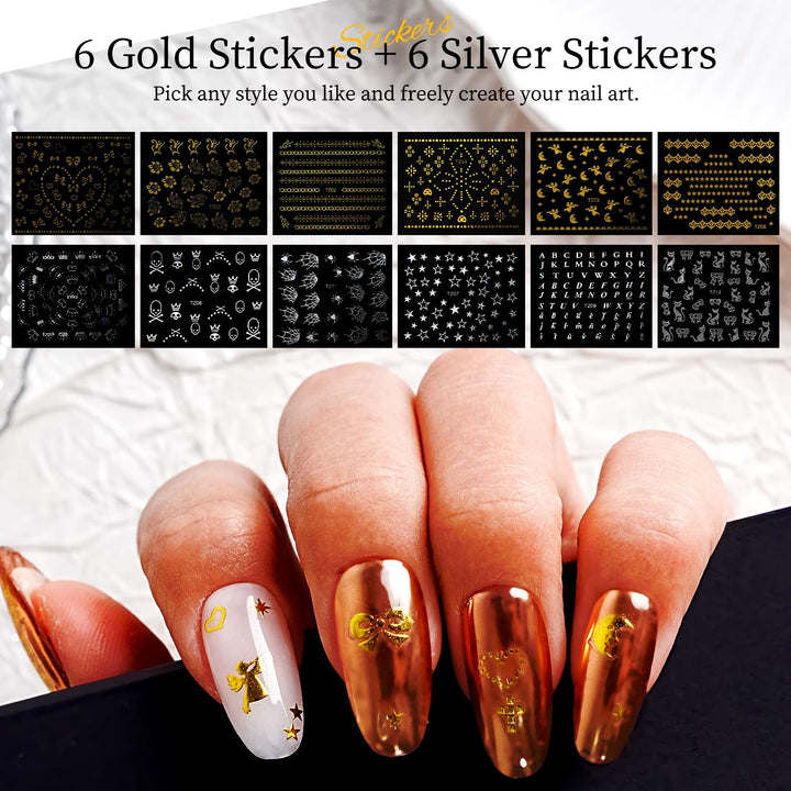 JODSONE Nagelcharms, Nagel-Rhinestone-Set mit 6 Schachteln Rhinestones, 12 Nagelsticker in zwei Farb