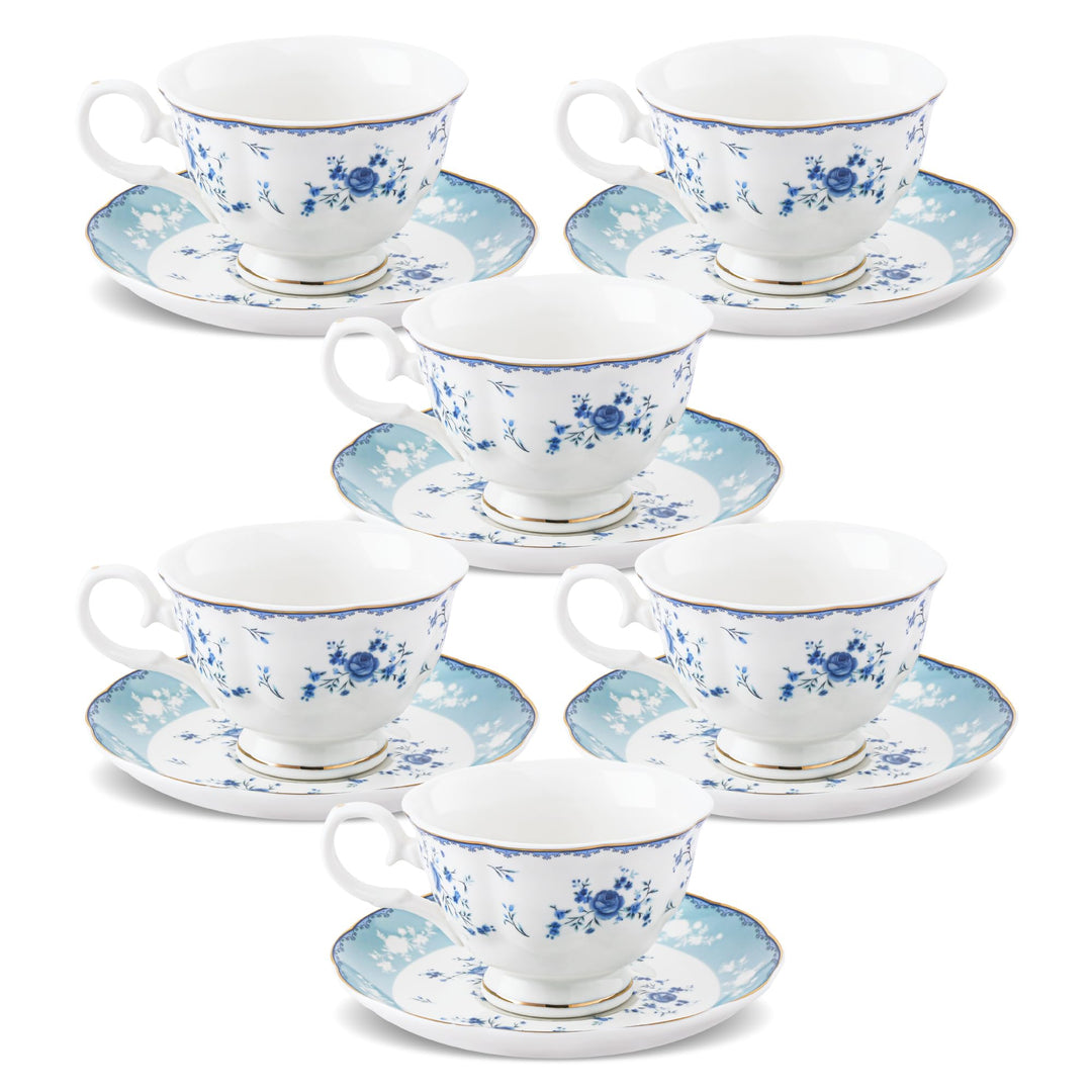 fanquare Blaues Blumenmuster-Teetassen- und Untertassen-Set, 6-teilig, elegante britische Porzellan-