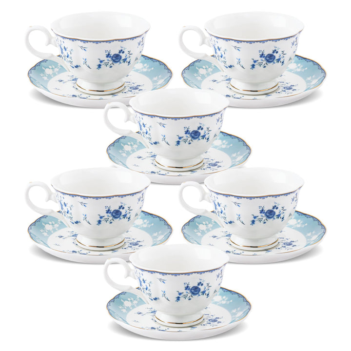 fanquare Blaues Blumenmuster-Teetassen- und Untertassen-Set, 6-teilig, elegante britische Porzellan-