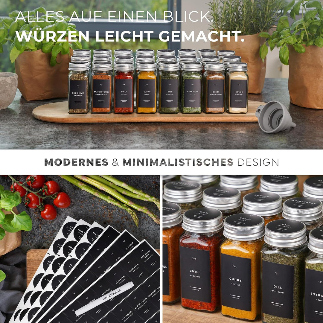 Havenhaus Premium Gewürzgläser Set Aluminium | 24 Gewürz Organizer inkl. 336 deutschen Gewürzetikett