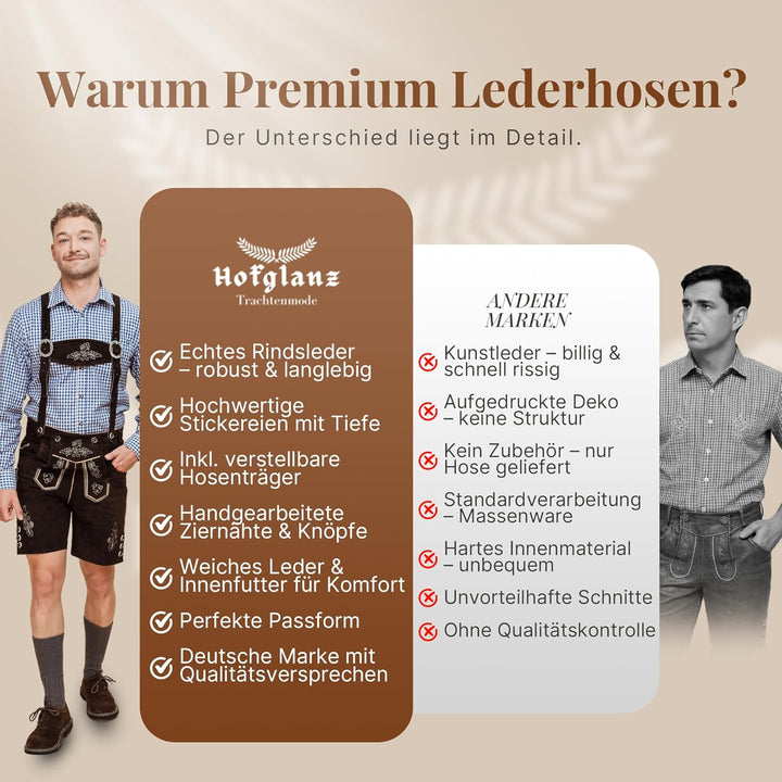 Trachtenlust Herren Lederhose, traditionelle Trachtenhose in Hellbraun und Dunkelbraun, Grössen 46-5