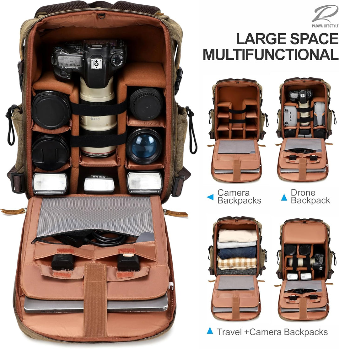 Padwa Lifestyle Kamerarucksack - Gewachstem Memory Canvas mit 16“ Laptop-/Objektivfach und Stativfac