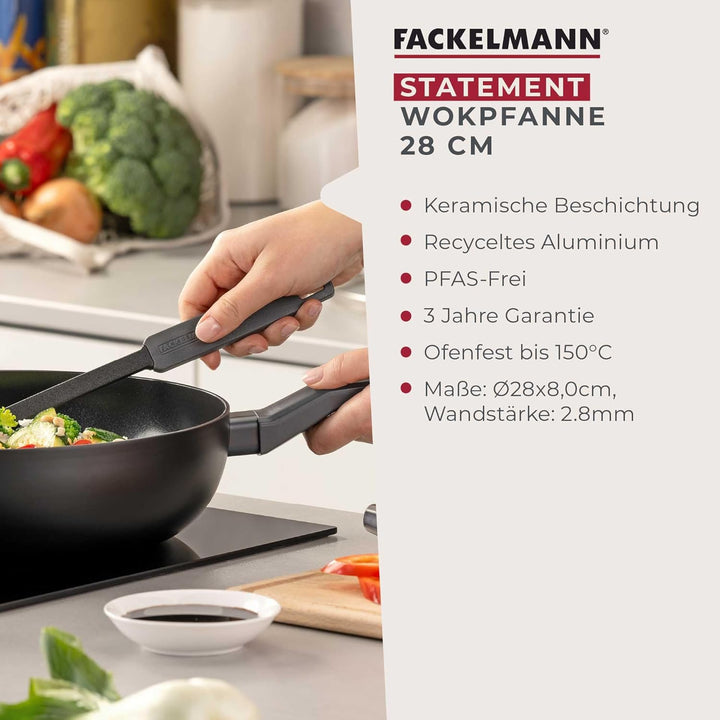FACKELMANN Wokpfanne 28cm Statement – Keramik beschichteter Wok - Pfanne aus recyceltem Aluminium mi