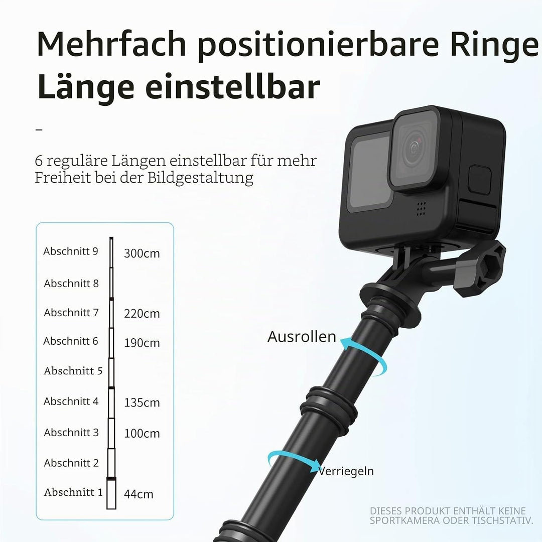 TELESIN Ultra Langer Extendable Carbon Selfie-Stick für GoPro Hero 10/9/8/7 Action 2，300 cm Lightwei
