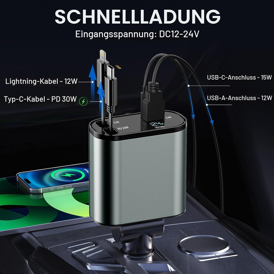 Auto Ladegerät Zigarettenanzünder USB C 4in1 56W, KFZ Ladegerät mit 2 einziehbaren Kabeln(Type C, Li