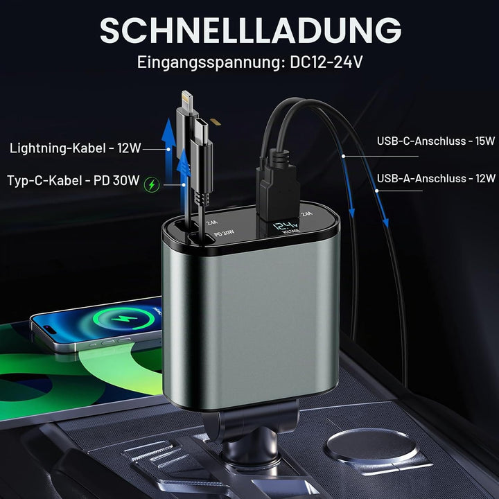 Auto Ladegerät Zigarettenanzünder USB C 4in1 56W, KFZ Ladegerät mit 2 einziehbaren Kabeln(Type C, Li