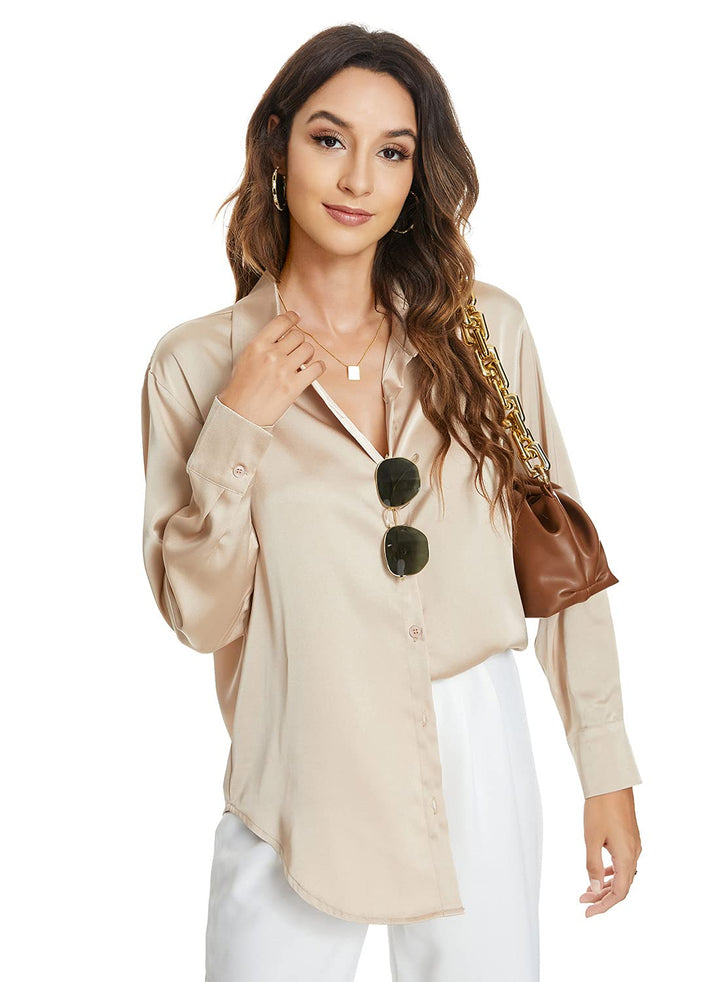 Atnlewhi Damen Bluse Langarm Knöpfen Satin Seide Hemden Basic Kent Kragen Arbeit Büro Formelle Casua