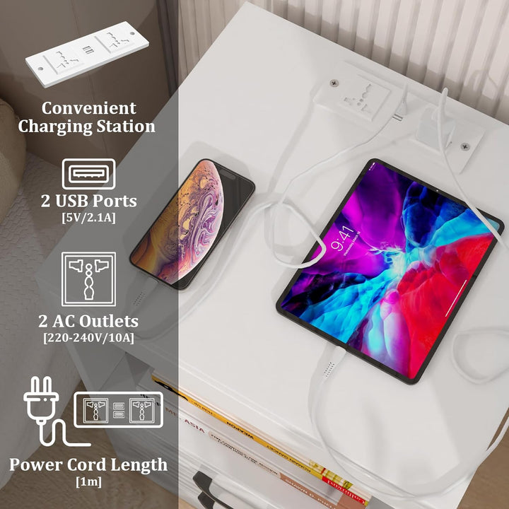 PIPIPOXER 2er Set Nachttisch mit Steckdose & USB, Nachttisch Weiss Nachtschrank Hochglanz Nachtkommo