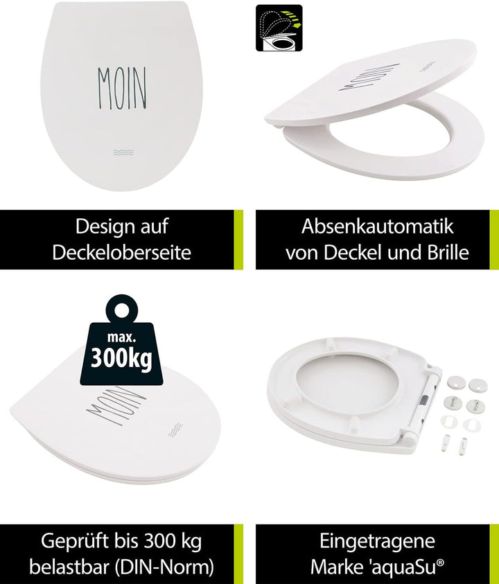 aquaSu® WC-Sitz mit Motiv Moin | Toilettendeckel mit Absenkautomatik | Belastbarkeit bis 300 kg | O-