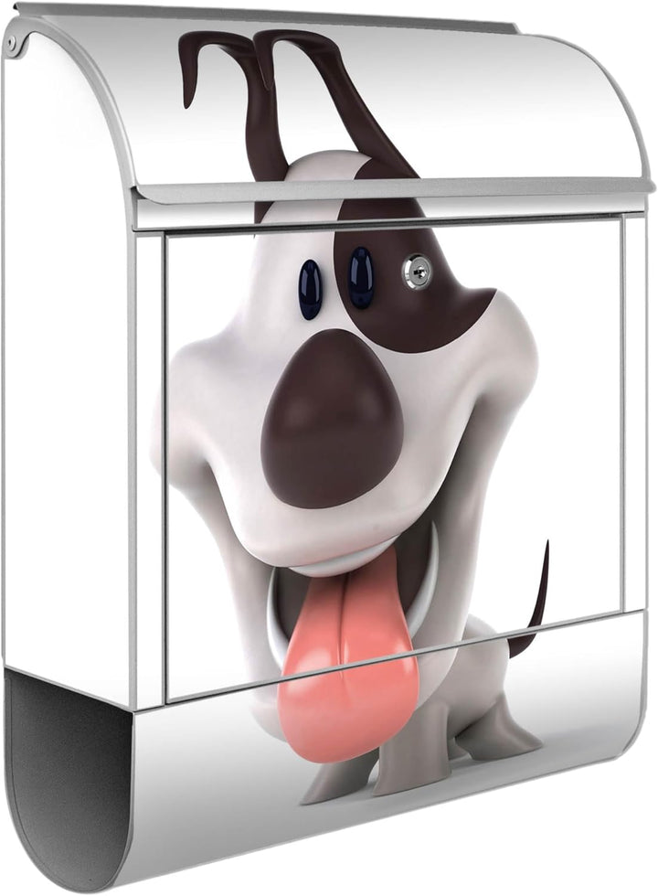 banjado® Design Briefkasten mit Motiv Comic-Hund 39x47x14cm &amp; 2 Schlüssel - Briefkasten Stahl Silber