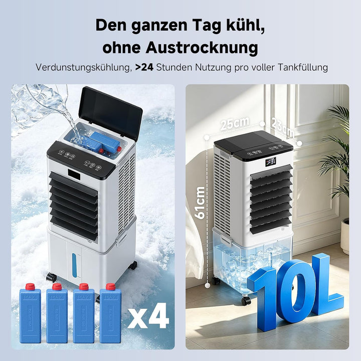 Klimaanlage Mobil 10L, 60W Klimagerät ohne Abluftschlauch 4-in-1, Klimaanlage mit 12H Timer, 4 Modus