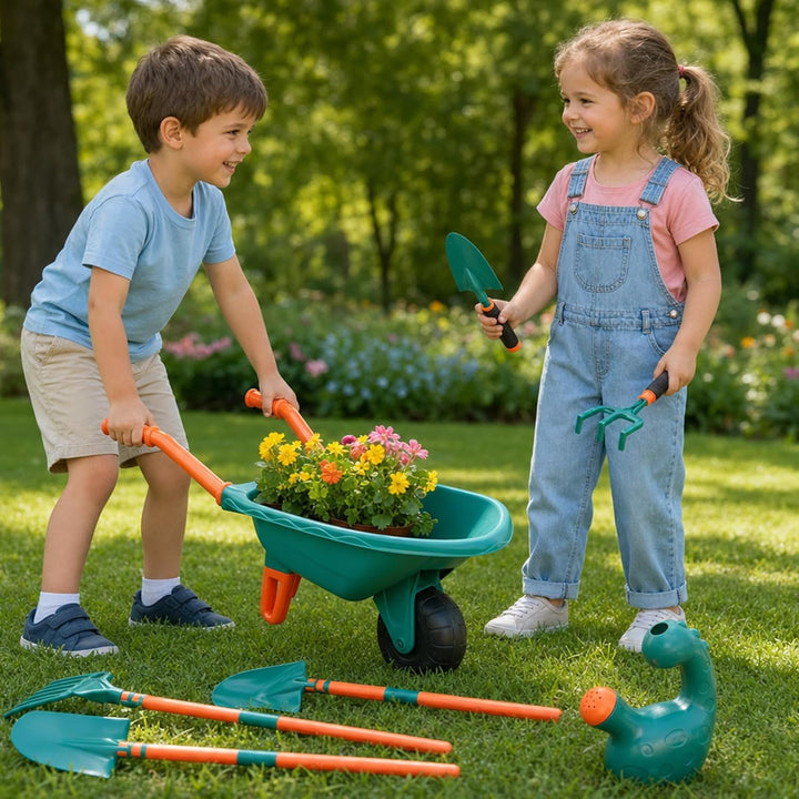 Schubkarre für Kinder - Kinder Gartengeräte Set 13 Teile | Gartenwerkzeug &amp; Sandspielzeug mit Schubk