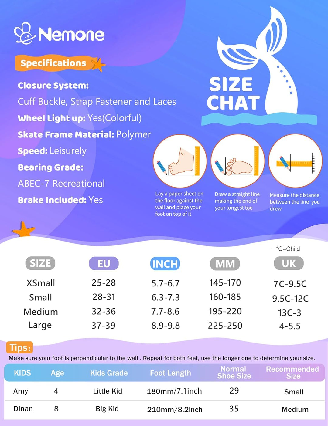 NEMONE Rollschuhe für Mädchen Kinder 4 Grössen Verstellbar Blau Violett Rollschuhe für Kinder Drinne