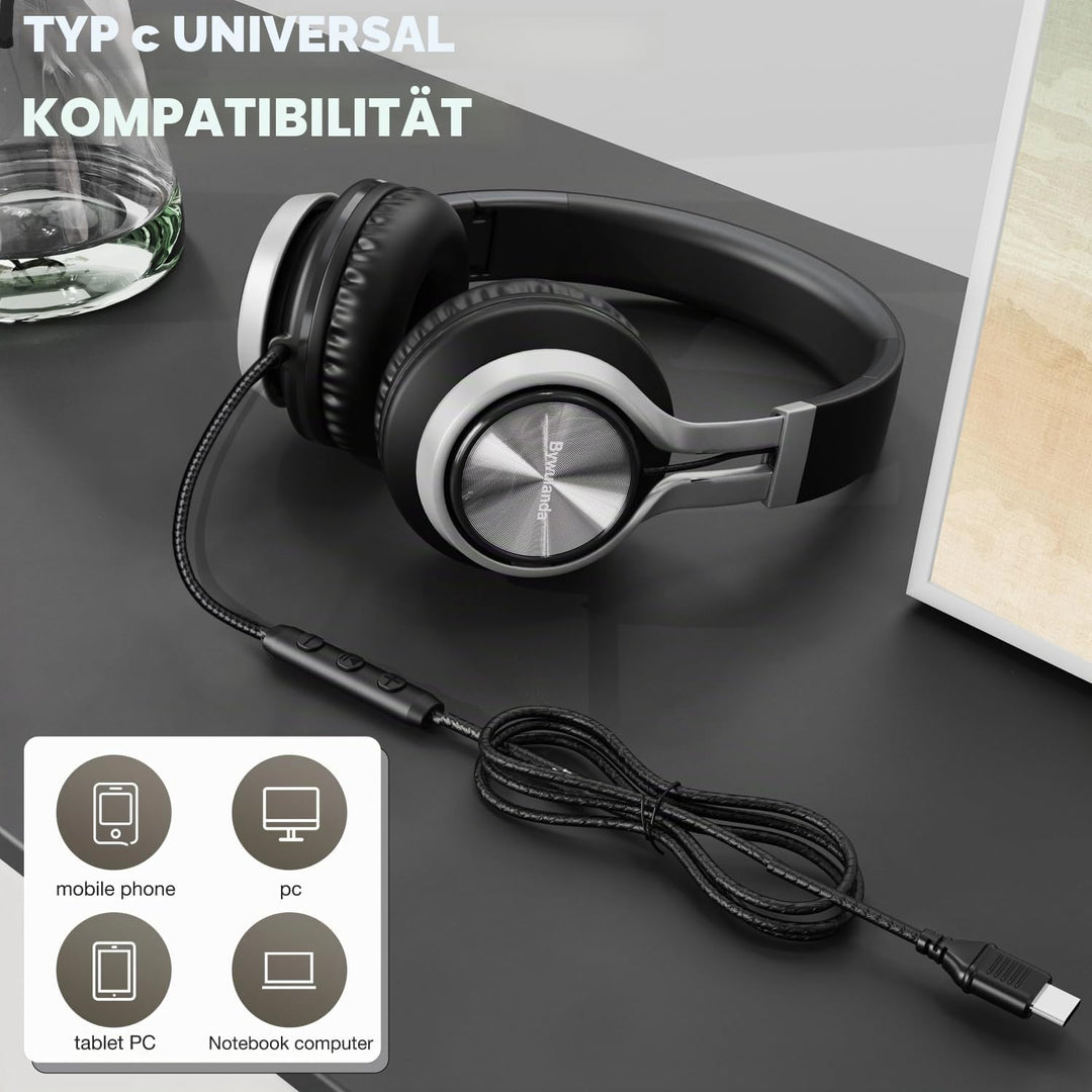 USB-C Kopfhörer mit Mikrofon und Lautstärkeregler, Over Ear Stereo Headsets für iPhone 15, 16 Pro, k