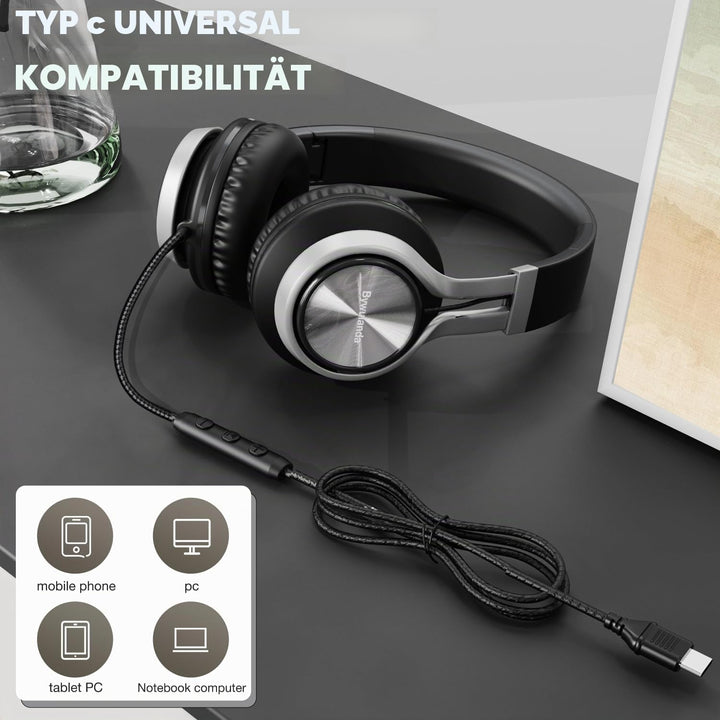 USB-C Kopfhörer mit Mikrofon und Lautstärkeregler, Over Ear Stereo Headsets für iPhone 15, 16 Pro, k