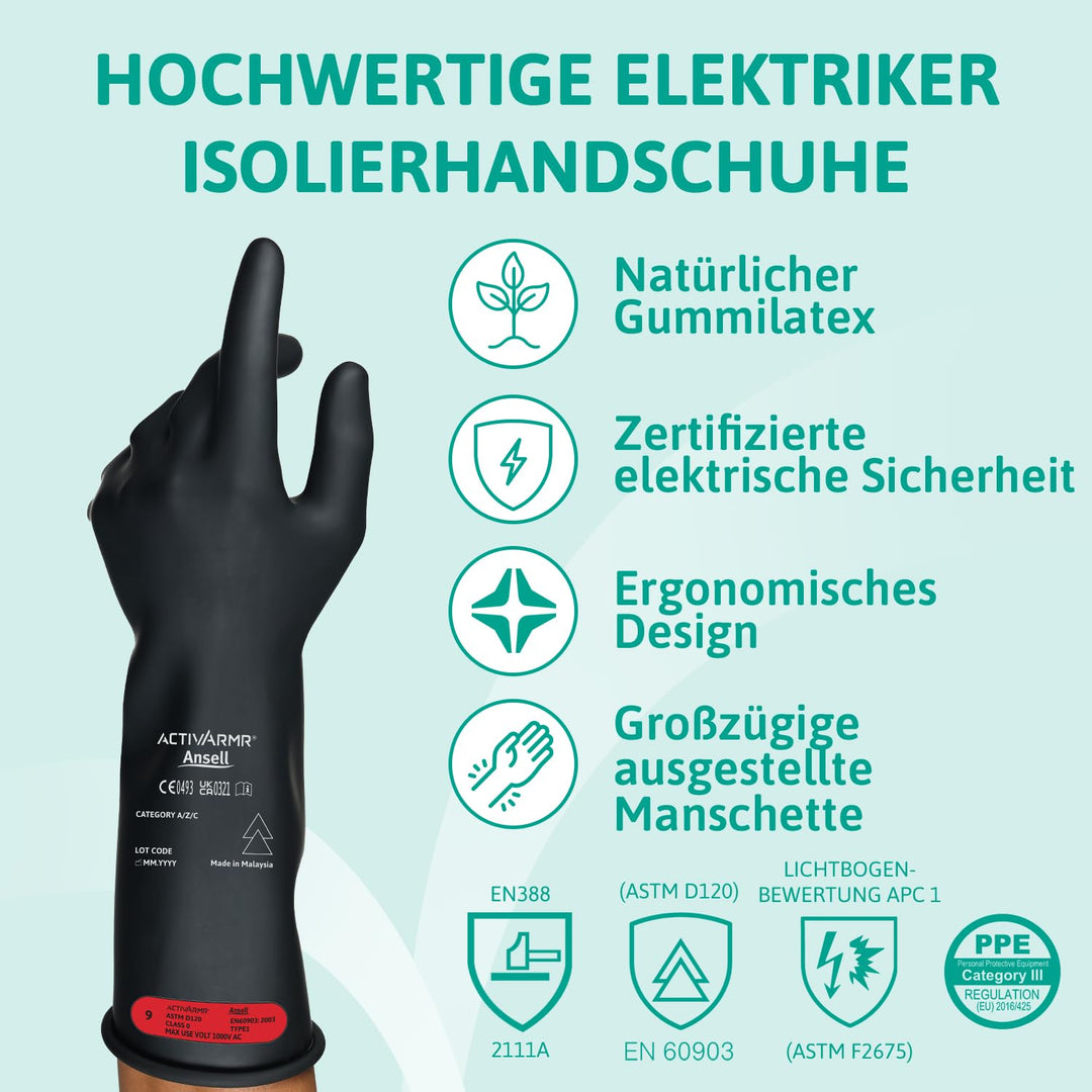Ansell ActivArmr Elektriker-Schutzhandschuhe, Elektroschutz Klass 0 (1000V), Elektrisch Isolierende