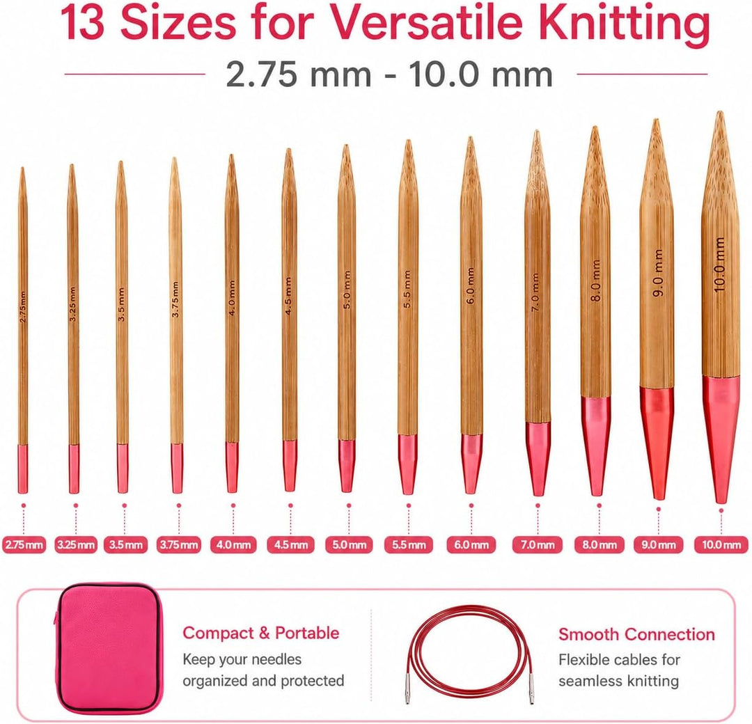 LetCart STRICKNADELN Set- Austauschbares Set aus kohlensäurehaltigen Bambusnadeln Ringset aus Alumin