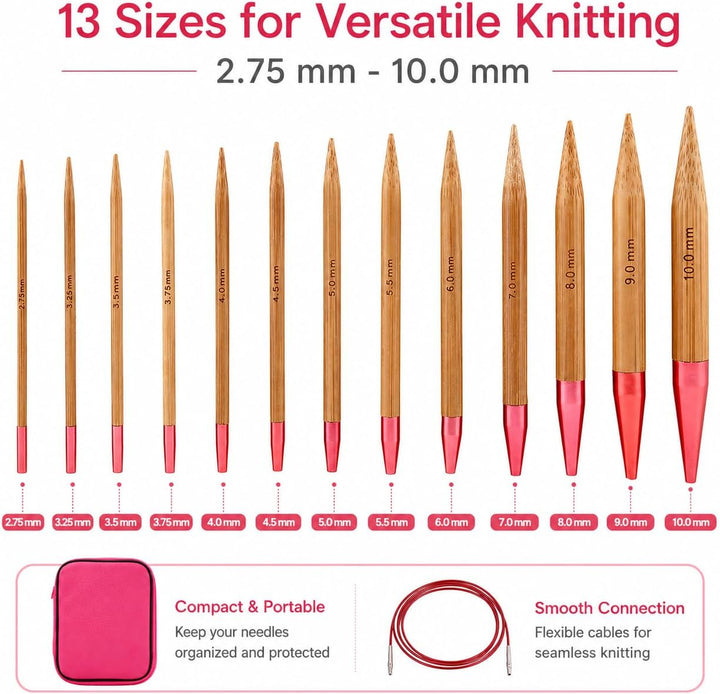 LetCart STRICKNADELN Set- Austauschbares Set aus kohlensäurehaltigen Bambusnadeln Ringset aus Alumin