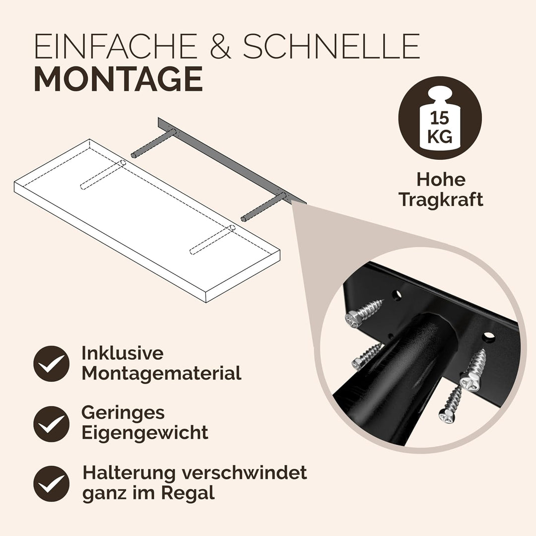 Casaria® Wandregal Holz Schwarz Regal mit Halterung 15kg Tragkraft Hängeregal Küche Wohnzimmer Flur