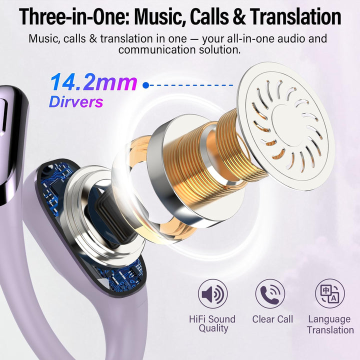 3 in 1 Open Ear KI Übersetzer Kopfhörer, 165 Sprachen &amp; 8 Modi Lila | 45Std Übersetzungskopfhörer mi