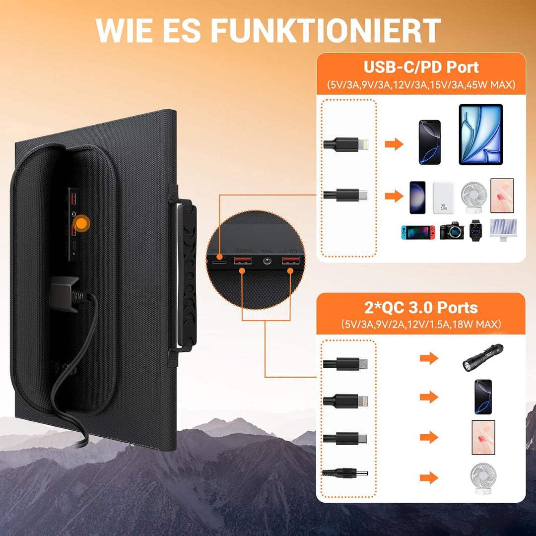 Mesuvida 60W Solarpanel Faltbar mit 5 Anschlüssen, 18V MC4 höhere Leistung / 12 V DC/QC 3.0 USB-A un