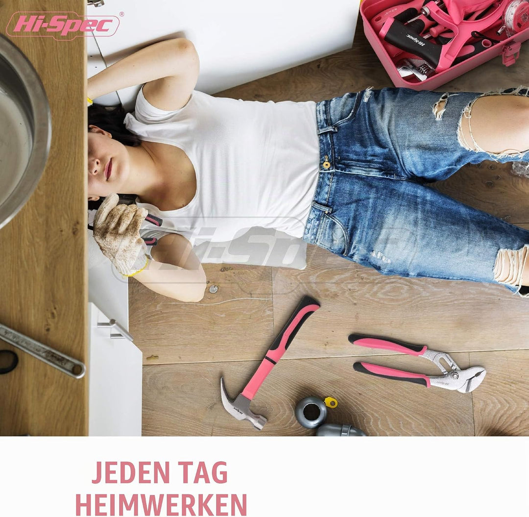 Hi-Spec Retro Pink Rosa Werkzeugkiste mit einer vielzahl von Pinken Werkzeugen die jede Frau braucht