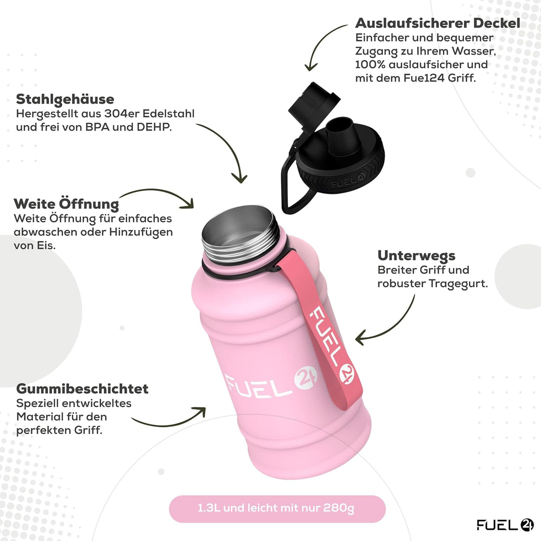 Fuel24 Extra Stark Trinkflasche Metall 1.3L & 2.2L - Auslaufsicher & BPA-Frei Wasserflasche Edelstah