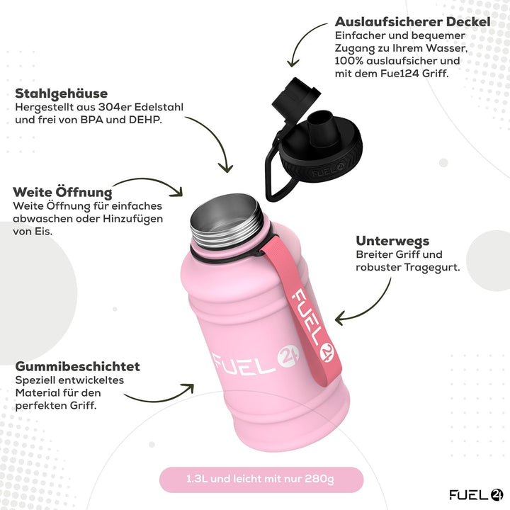 Fuel24 Extra Stark Trinkflasche Metall 1.3L & 2.2L - Auslaufsicher & BPA-Frei Wasserflasche Edelstah
