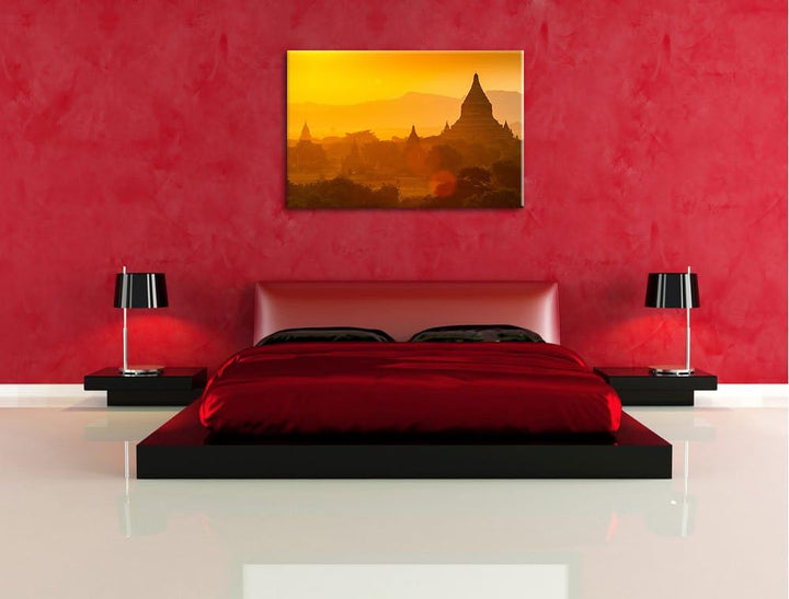 Buddha Tempel im Sonnenuntergang Format: 100x70 auf Leinwand, XXL riesige Bilder fertig gerahmt mit