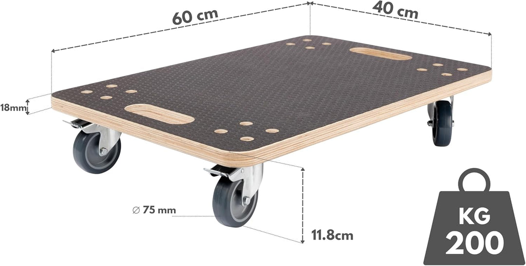 PUSHUPER Möbelroller – Robuster Transportroller aus Sperrholz, 200kg (Dunkel 200kg 2-Bremsen, 60 x 4