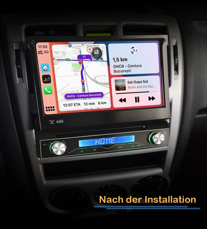 8-Kern Android 14 Universal Autoradio 1 Din GPS Navi mit 7" Einziehbarer Bildschirm Kabelloses Carpl