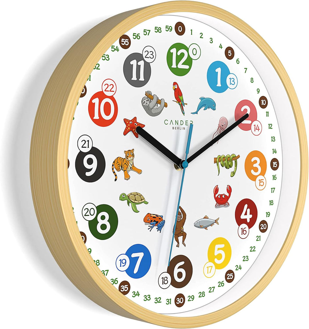 Cander Berlin MNU 2430 T Wanduhr Kinder Holzmotiv 30,5 cm Tiere Lernuhr Holzuhr lautlos geräuschlos