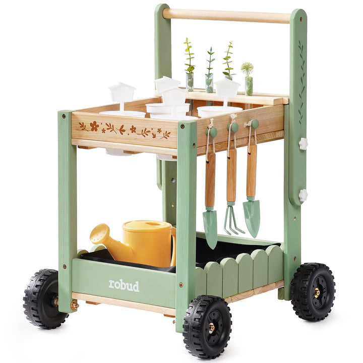 ROBUD Kinder Gartengeräte mit Holzwagen, Gartenwerkzeug mit Giesskanne, Schaufel, Handrechen, Pflanz