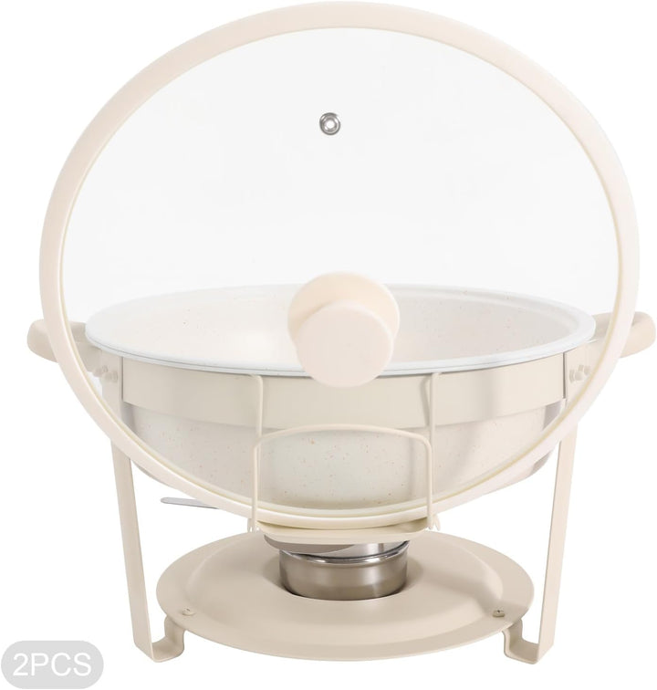 2er Warmhaltebehälter Essen, 5L Rund Edelstahl Chafing Dish Set mit Glasdeckel, Kalt &amp; Heiss Stapelb