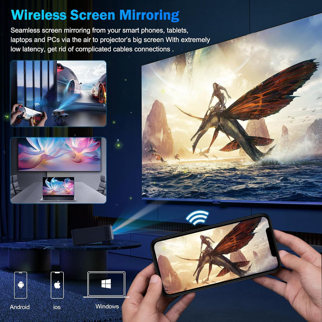 Projektor, Dess 4K-Projektor mit WLAN und Bluetooth, 1080 P nativ, Laser mit Autofokus-Keystone, für